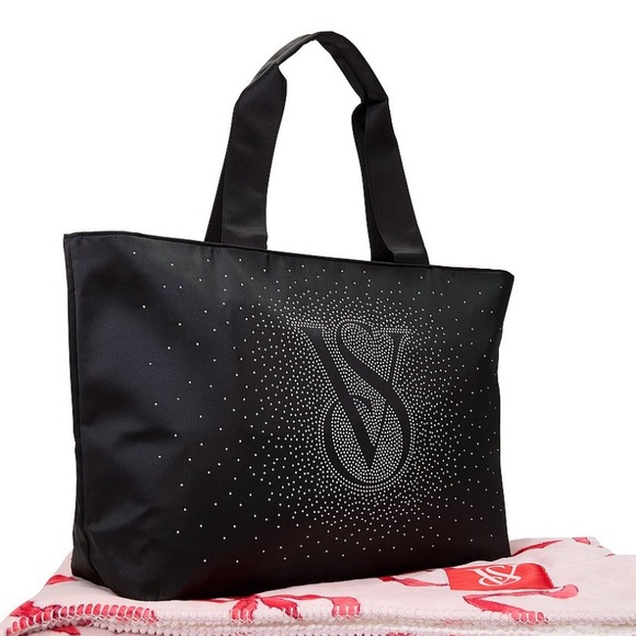 🆕NWT VICTORIAS SECRET SHINE TOTE🆕 Zip top closure 💎 rhinestones 👛 black bling - Picture 3 of 3